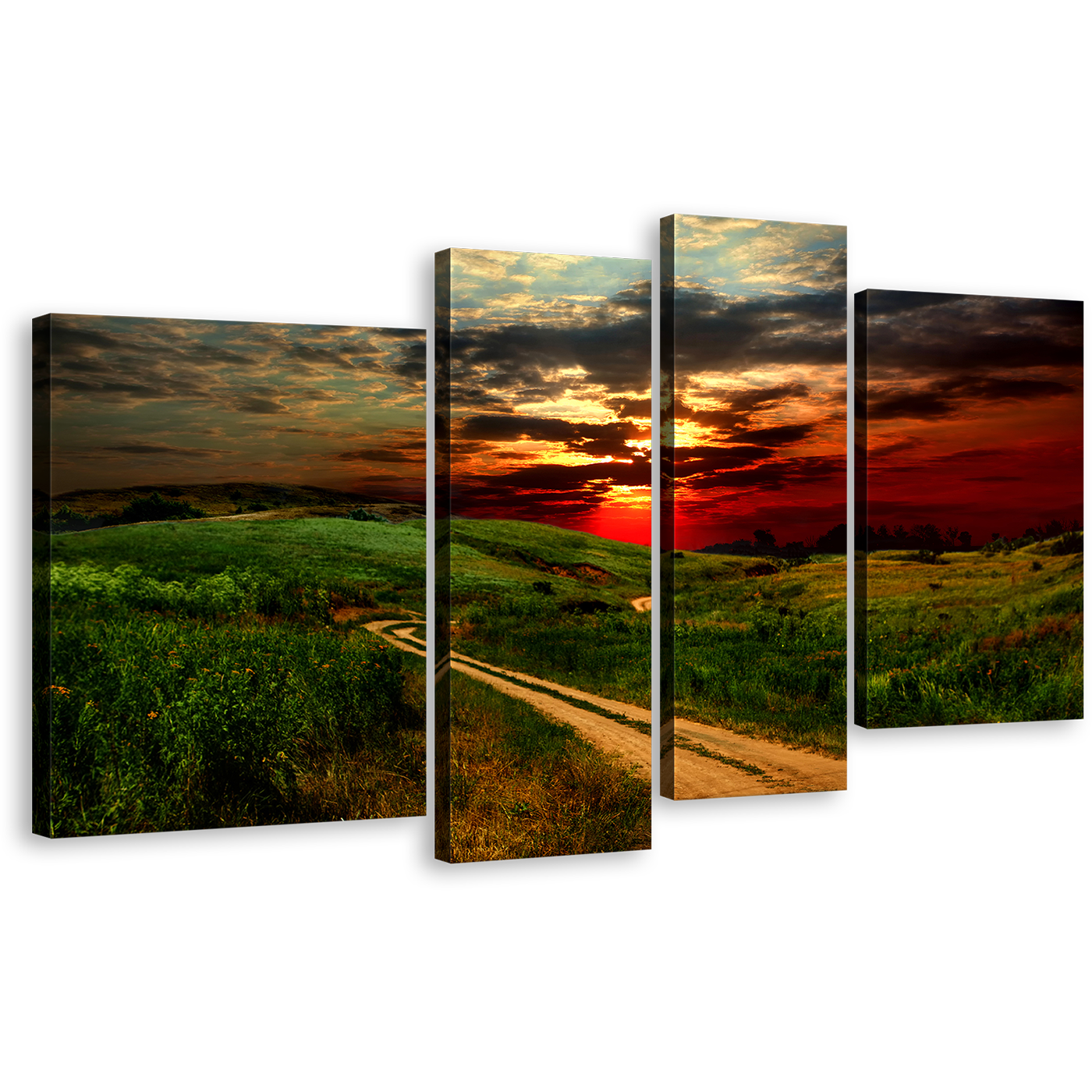 Cloudy Scenery Canvas Print, Yellow Red Road Hills Sunset 4 Piece Multi Canvas Artwork, Country Road Green Nature Scenery Canvas Wall Art