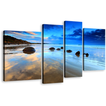 Load image into Gallery viewer, Cloudy Sea Canvas Print, New Zealand Blue Sky Ocean Wall Art, Brown Moeraki Boulders 4 Piece Multi Canvas
