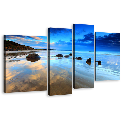 Cloudy Sea Canvas Print, New Zealand Blue Sky Ocean Wall Art, Brown Moeraki Boulders 4 Piece Multi Canvas