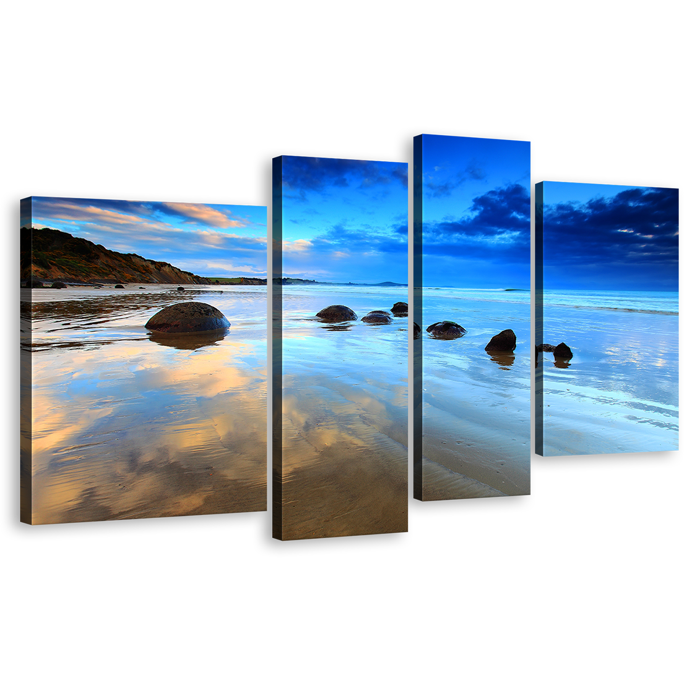 Cloudy Sea Canvas Print, New Zealand Blue Sky Ocean Wall Art, Brown Moeraki Boulders 4 Piece Multi Canvas