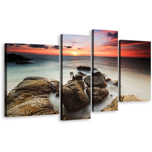 Cloudy Sea Canvas Wall Art, Red Orange Sky Ocean Canvas Print, Brown Ocean Rocks Boulders 4 Piece Canvas