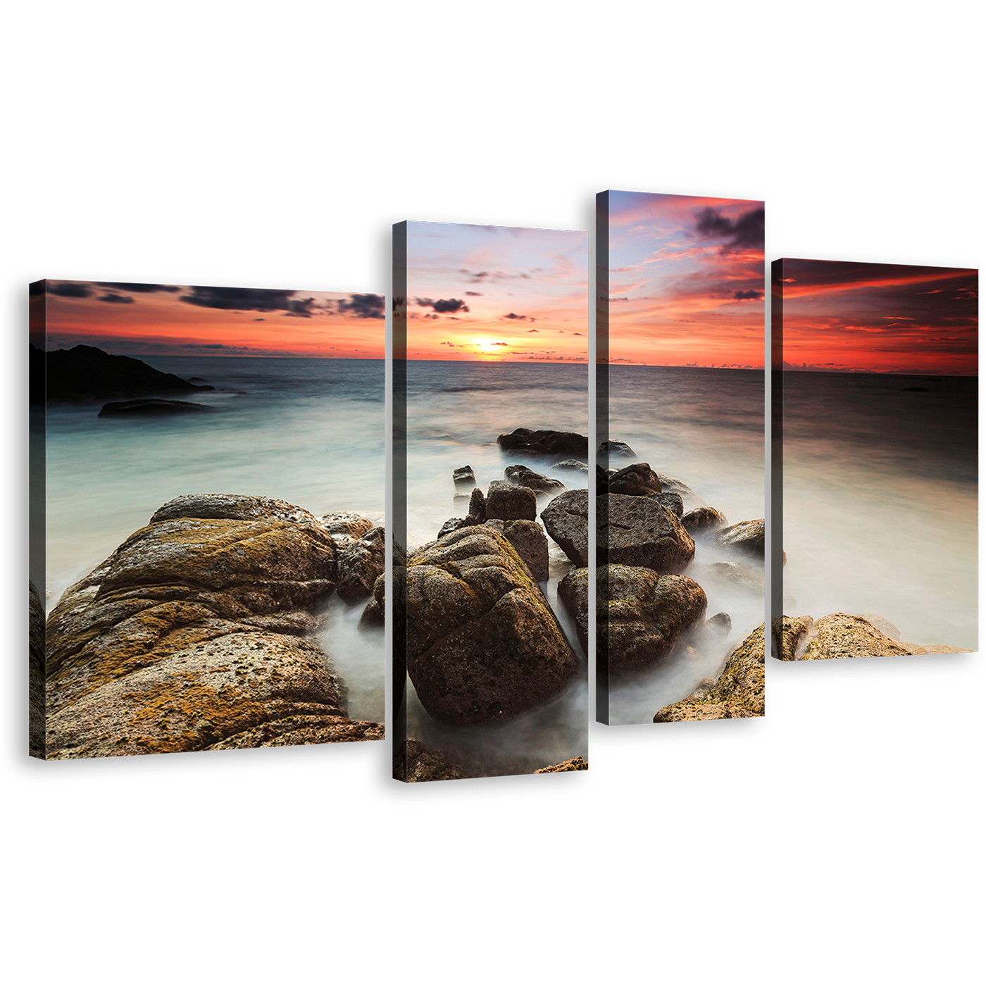 Cloudy Sea Canvas Wall Art, Red Orange Sky Ocean Canvas Print, Brown Ocean Rocks Boulders 4 Piece Canvas