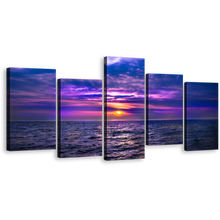 Load image into Gallery viewer, Cloudy Seascape Canvas Print, Blue Purple Ocean Sky 5 Piece Wall Art, Dramatic Ocean Waves Canvas Set
