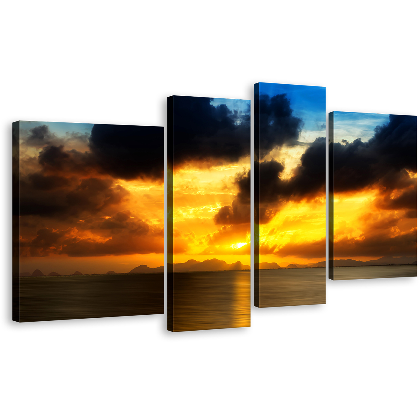 Cloudy Seascape Canvas Print, Yellow Ocean Sky 4 Piece Canvas Wall Art, Grey Sea Sunset Reflection Multi Canvas