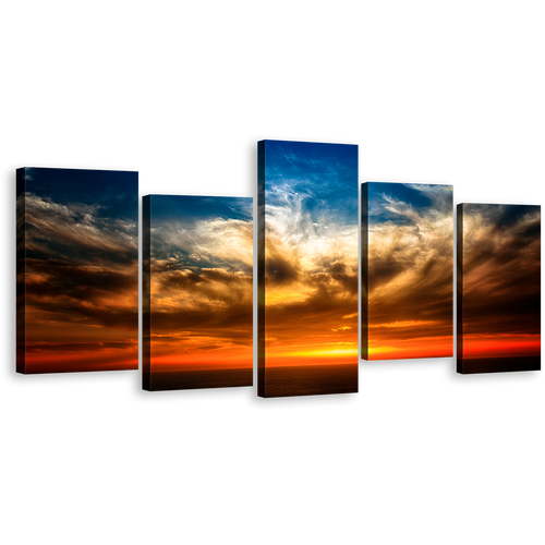 Cloudy Seascape Canvas Wall Art, Dramatic Blue Ocean Sky 5 Piece Canvas Print, Orange Sunset Seascape Multi Canvas