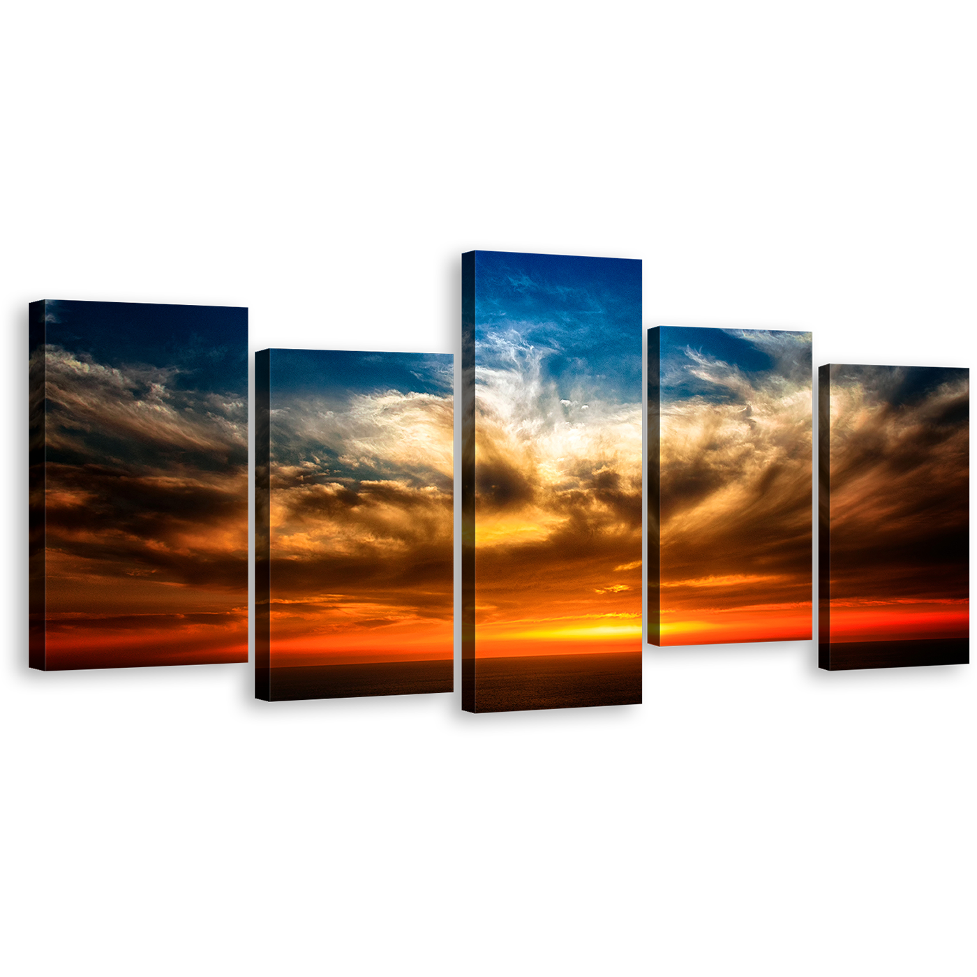 Cloudy Seascape Canvas Wall Art, Dramatic Blue Ocean Sky 5 Piece Canvas Print, Orange Sunset Seascape Multi Canvas