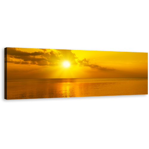 Cloudy Seascape Canvas Wall Art, Yellow Ocean Sky 1 Piece Canvas Wall Art, Orange Sea Sunset Reflection Wide Canvas