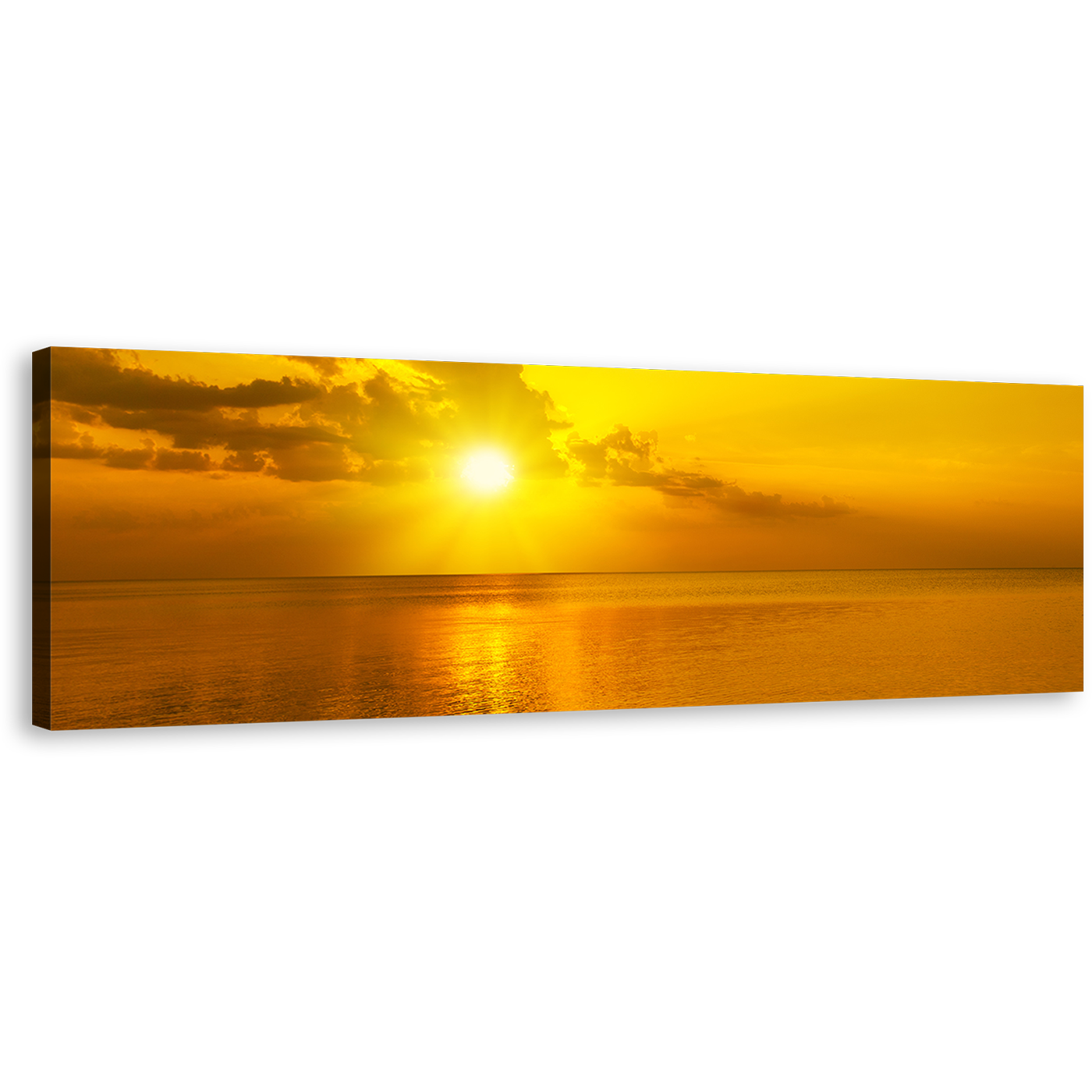 Cloudy Seascape Canvas Wall Art, Yellow Ocean Sky 1 Piece Canvas Wall Art, Orange Sea Sunset Reflection Wide Canvas