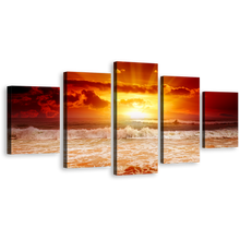 Load image into Gallery viewer, Cloudy Seascape Canvas Wall Art, Yellow Sunset Sunshine Multiple Canvas, Orange Ocean Sky 5 Piece Canvas Print
