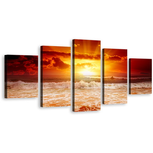 Cloudy Seascape Canvas Wall Art, Yellow Sunset Sunshine Multiple Canvas, Orange Ocean Sky 5 Piece Canvas Print