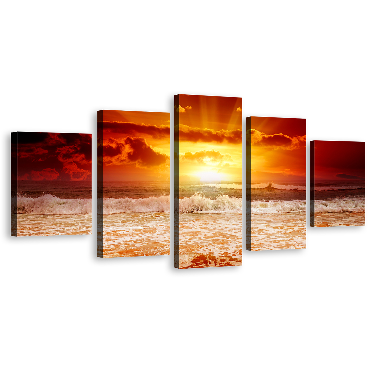 Cloudy Seascape Canvas Wall Art, Yellow Sunset Sunshine Multiple Canvas, Orange Ocean Sky 5 Piece Canvas Print