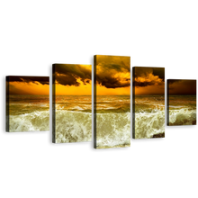 Load image into Gallery viewer, Cloudy Seascape Wall Art, Sea Green Ocean Waves 5 Piece Canvas Multi-panel Print, Dramatic Yellow Sky Canvas Set
