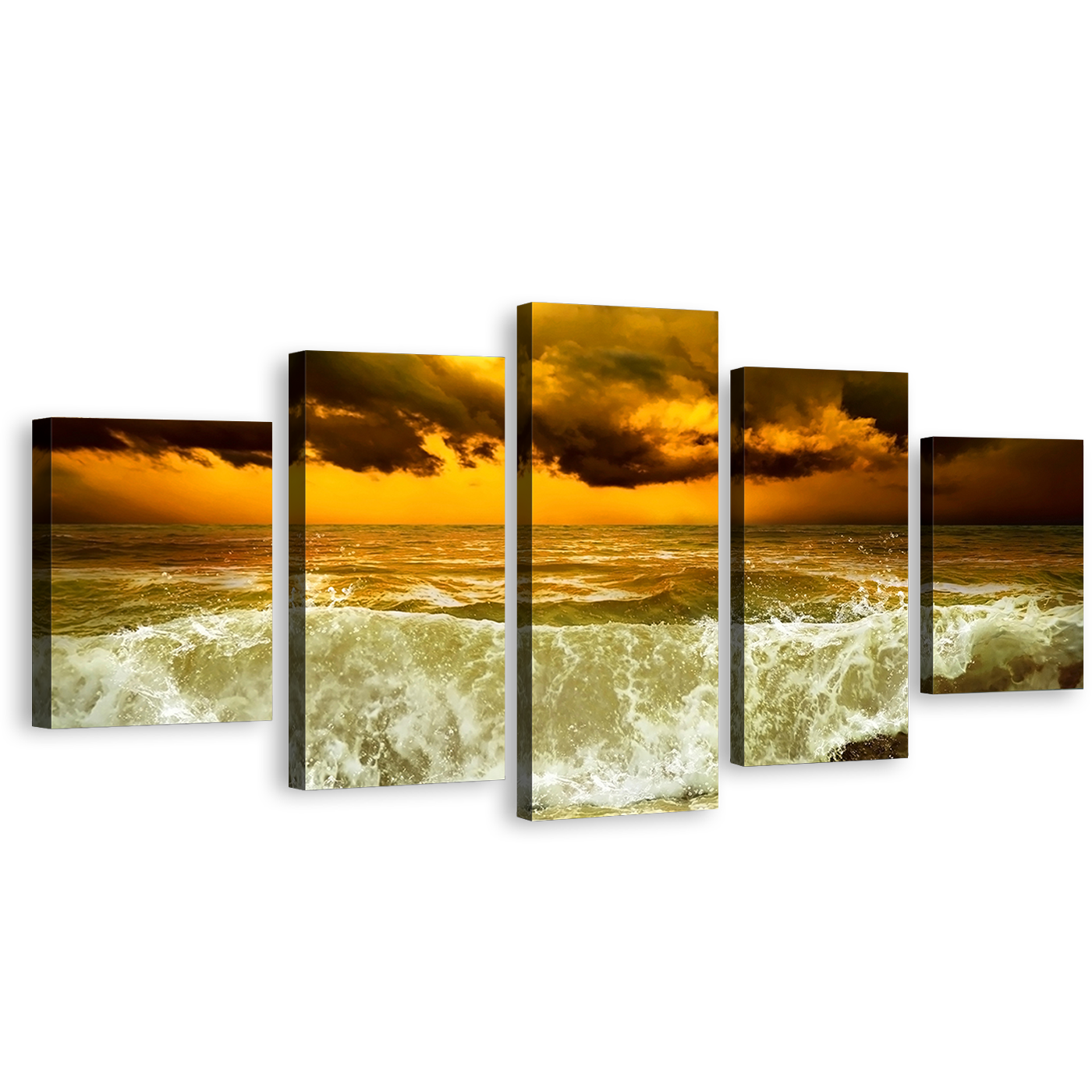 Cloudy Seascape Wall Art, Sea Green Ocean Waves 5 Piece Canvas Multi-panel Print, Dramatic Yellow Sky Canvas Set