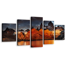 Load image into Gallery viewer, Cloudy Sky Canvas Print, Argentina Grey Sky Mountain River 5 Piece Wall Art, Orange Mont Fitz Roy Multiple Canvas
