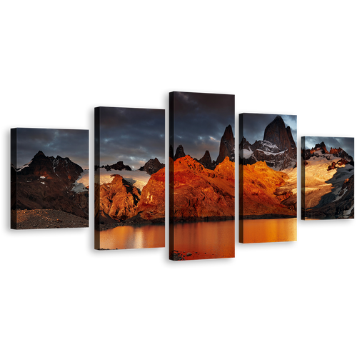 Cloudy Sky Canvas Print, Argentina Grey Sky Mountain River 5 Piece Wall Art, Orange Mont Fitz Roy Multiple Canvas