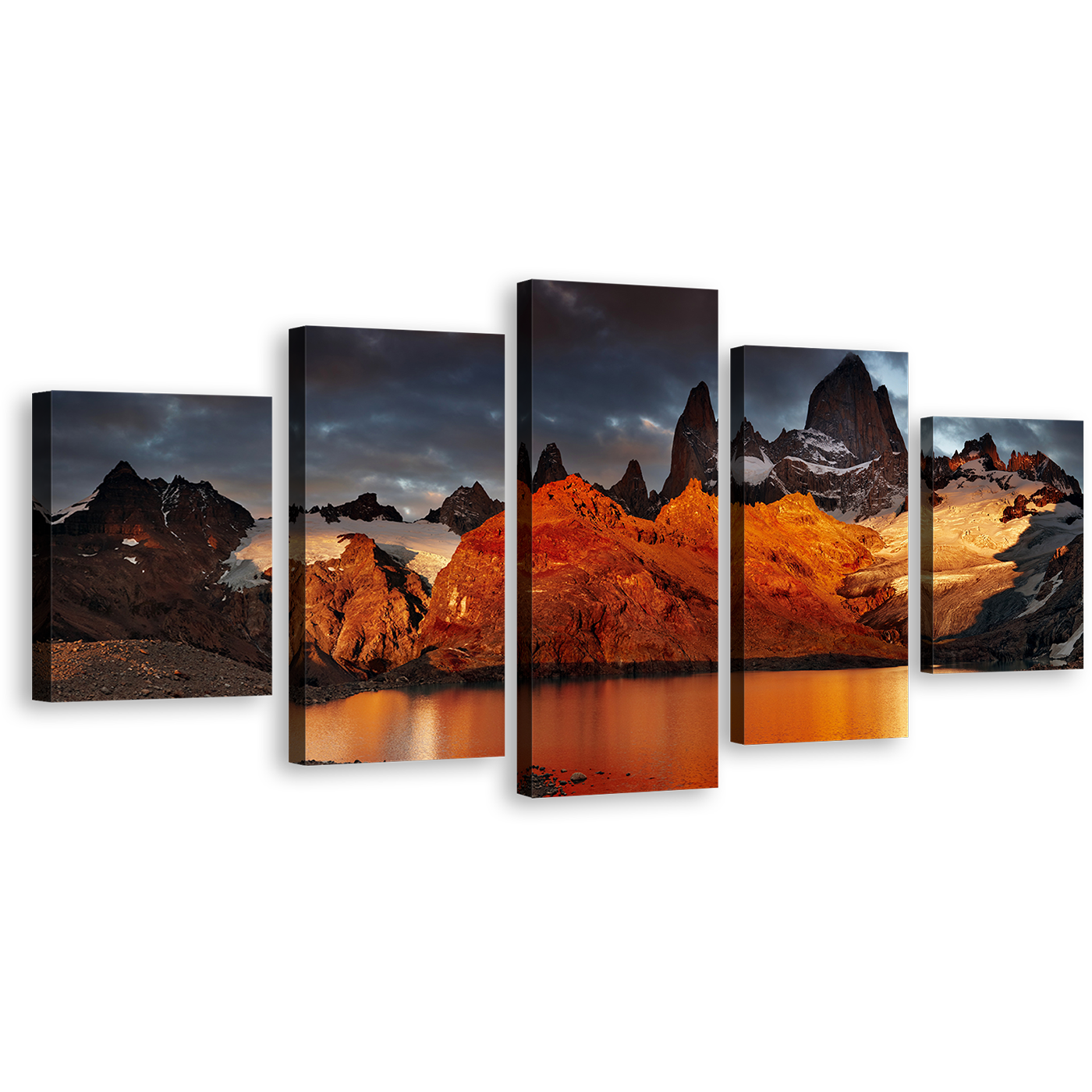 Cloudy Sky Canvas Print, Argentina Grey Sky Mountain River 5 Piece Wall Art, Orange Mont Fitz Roy Multiple Canvas