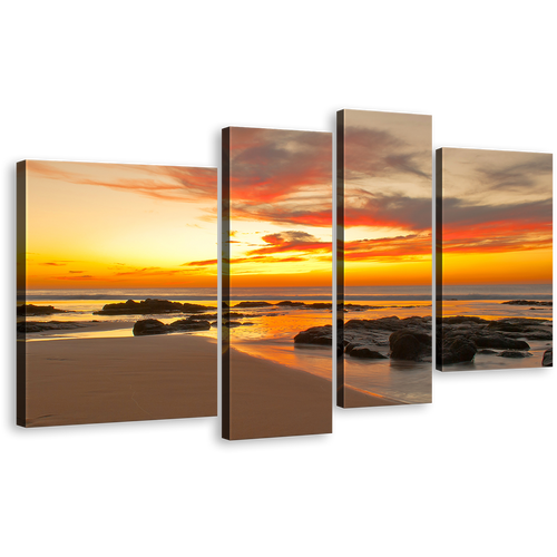 Cloudy Sky Canvas Print, Orange Sunset Seascape Ocean Rocls Multiple Canvas, Yellow Sky Boulders 4 Piece Wall Art