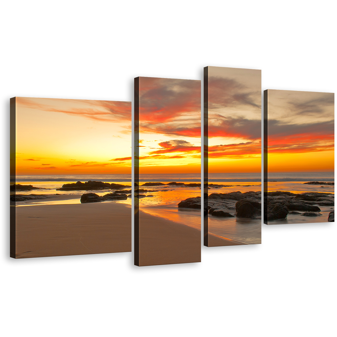 Cloudy Sky Canvas Print, Orange Sunset Seascape Ocean Rocls Multiple Canvas, Yellow Sky Boulders 4 Piece Wall Art