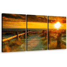 Load image into Gallery viewer, Cloudy Sky Canvas Print, Yellow Ocean Sunset Triptych Canvas Set, Orange Ocean Beach 3 Piece Canvas Wall Art
