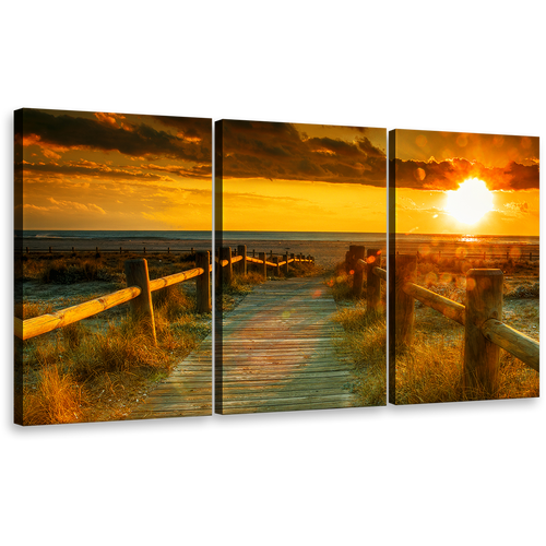 Cloudy Sky Canvas Print, Yellow Ocean Sunset Triptych Canvas Set, Orange Ocean Beach 3 Piece Canvas Wall Art