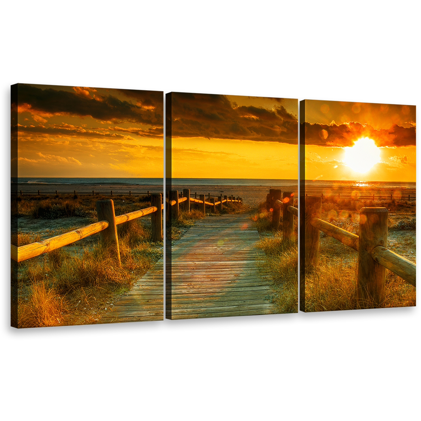 Cloudy Sky Canvas Print, Yellow Ocean Sunset Triptych Canvas Set, Orange Ocean Beach 3 Piece Canvas Wall Art