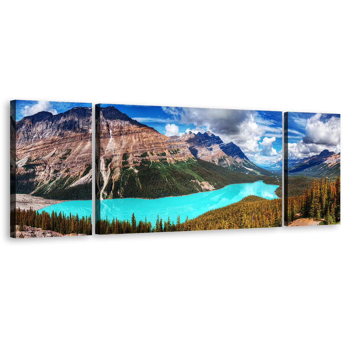 Cloudy Sky Canvas Wall Art, Banff National Park Green Trees Canvas Set, Alberta Blue Peyto Lake 3 Piece Canvas Print