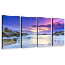 Load image into Gallery viewer, Cloudy Sky Canvas Wall Art, Brown Rocks Seascape 4 Piece Multiple Canvas, Dramatic Cloudy Sky Beach Canvas Print
