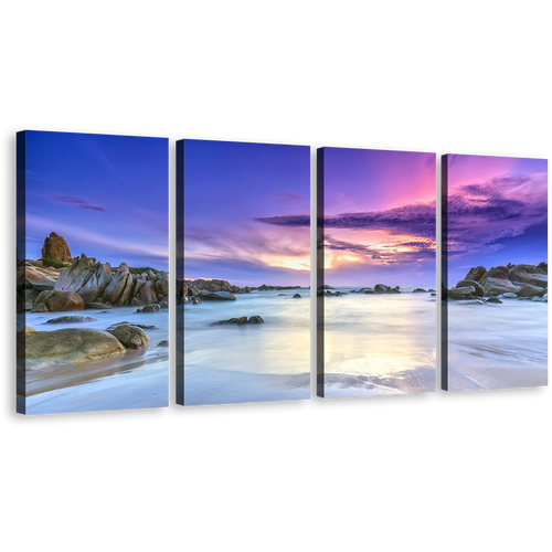 Cloudy Sky Canvas Wall Art, Brown Rocks Seascape 4 Piece Multiple Canvas, Dramatic Cloudy Sky Beach Canvas Print