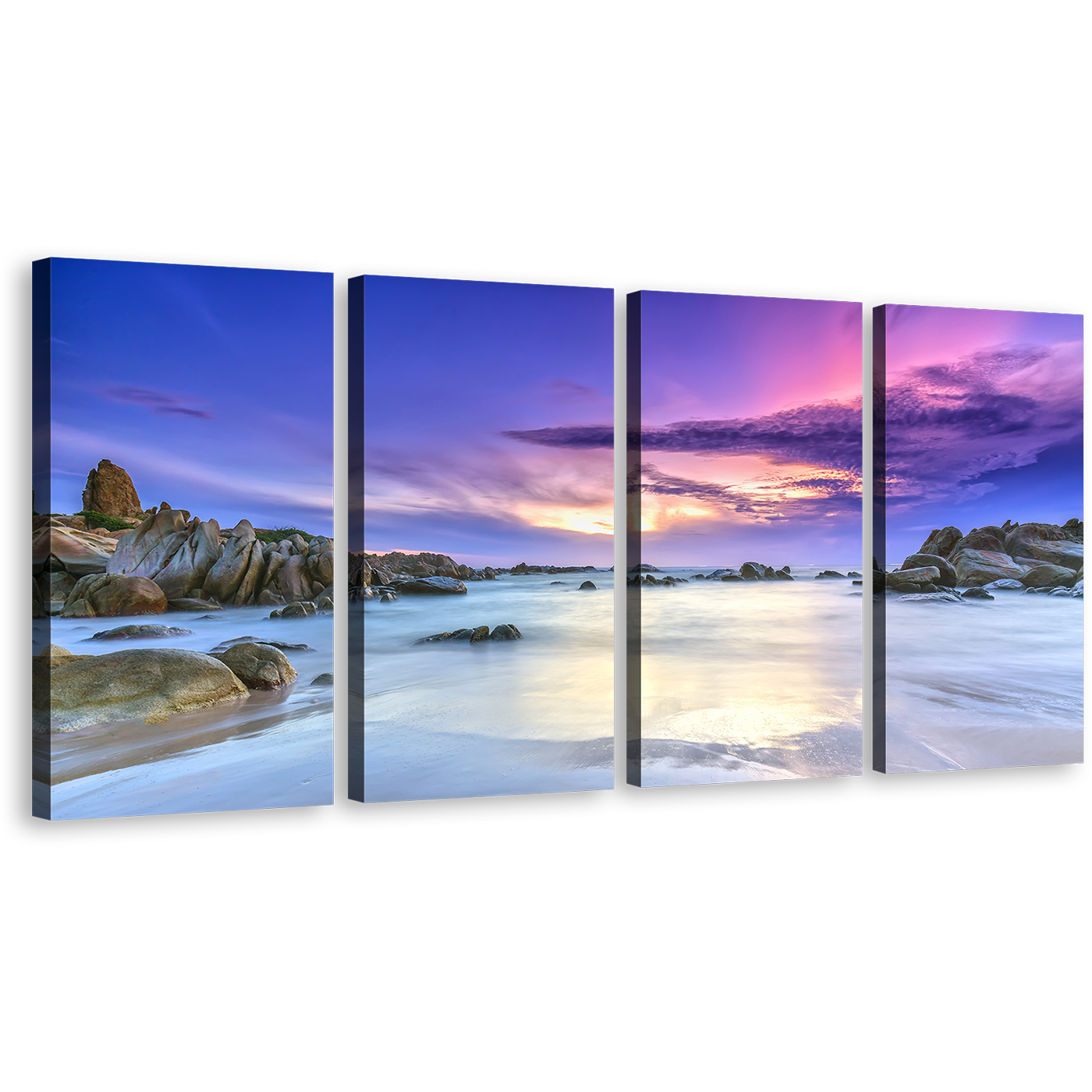 Cloudy Sky Canvas Wall Art, Brown Rocks Seascape 4 Piece Multiple Canvas, Dramatic Cloudy Sky Beach Canvas Print