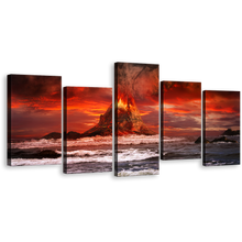 Load image into Gallery viewer, Cloudy Sky Canvas Wall Art, Orange Volcano Lava Scenery Multi Canvas, Beautiful Red Sky Volcano Eruption 5 Piece Canvas Print
