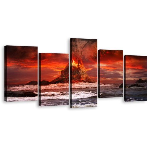 Cloudy Sky Canvas Wall Art, Orange Volcano Lava Scenery Multi Canvas, Beautiful Red Sky Volcano Eruption 5 Piece Canvas Print