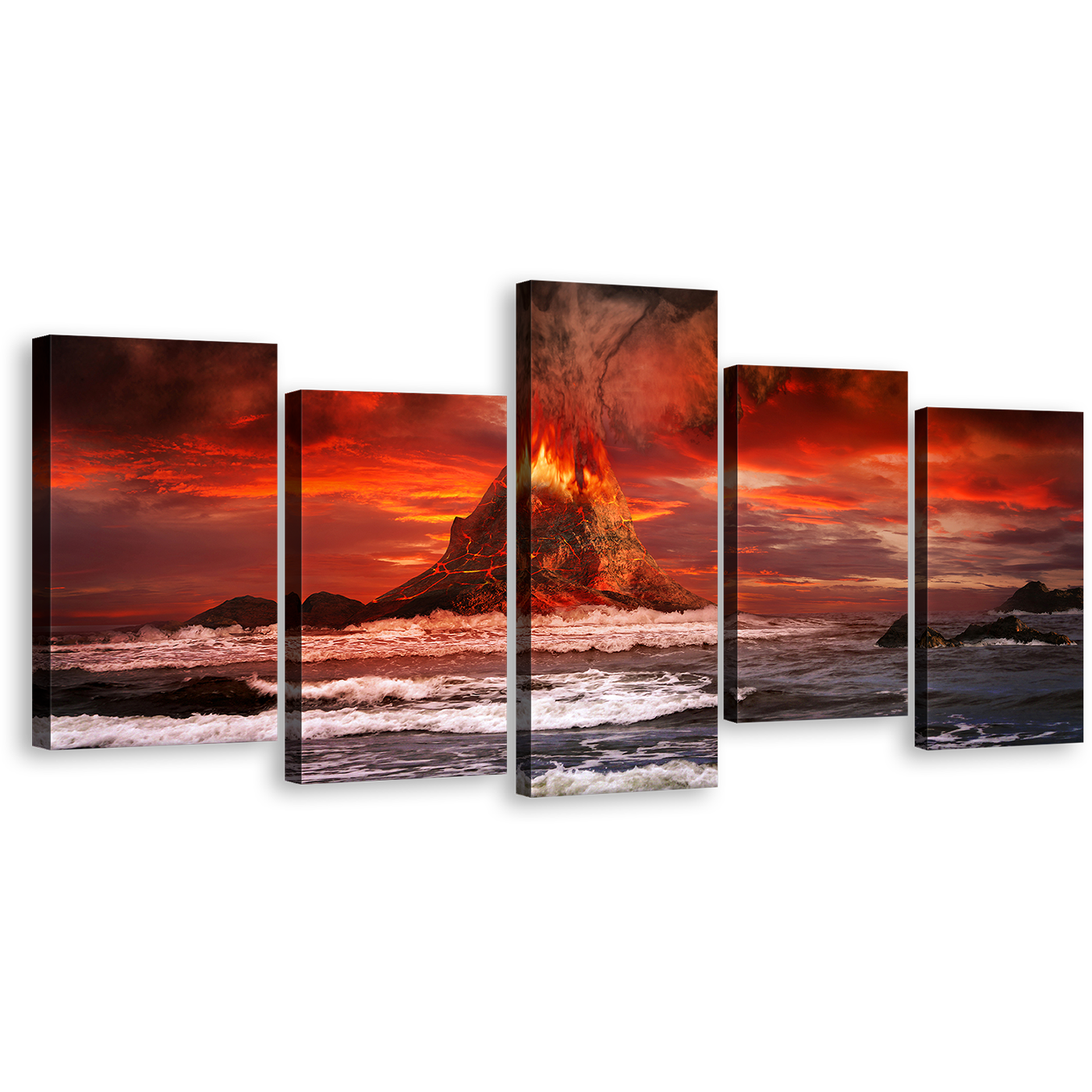 Cloudy Sky Canvas Wall Art, Orange Volcano Lava Scenery Multi Canvas, Beautiful Red Sky Volcano Eruption 5 Piece Canvas Print