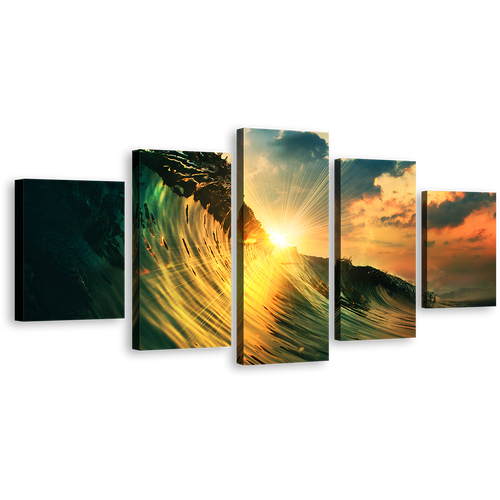 Cloudy Sky Canvas Wall Art, Yellow Ocean Sunset 5 Piece Multi Canvas, Green Ocean Waves Falling Canvas Print