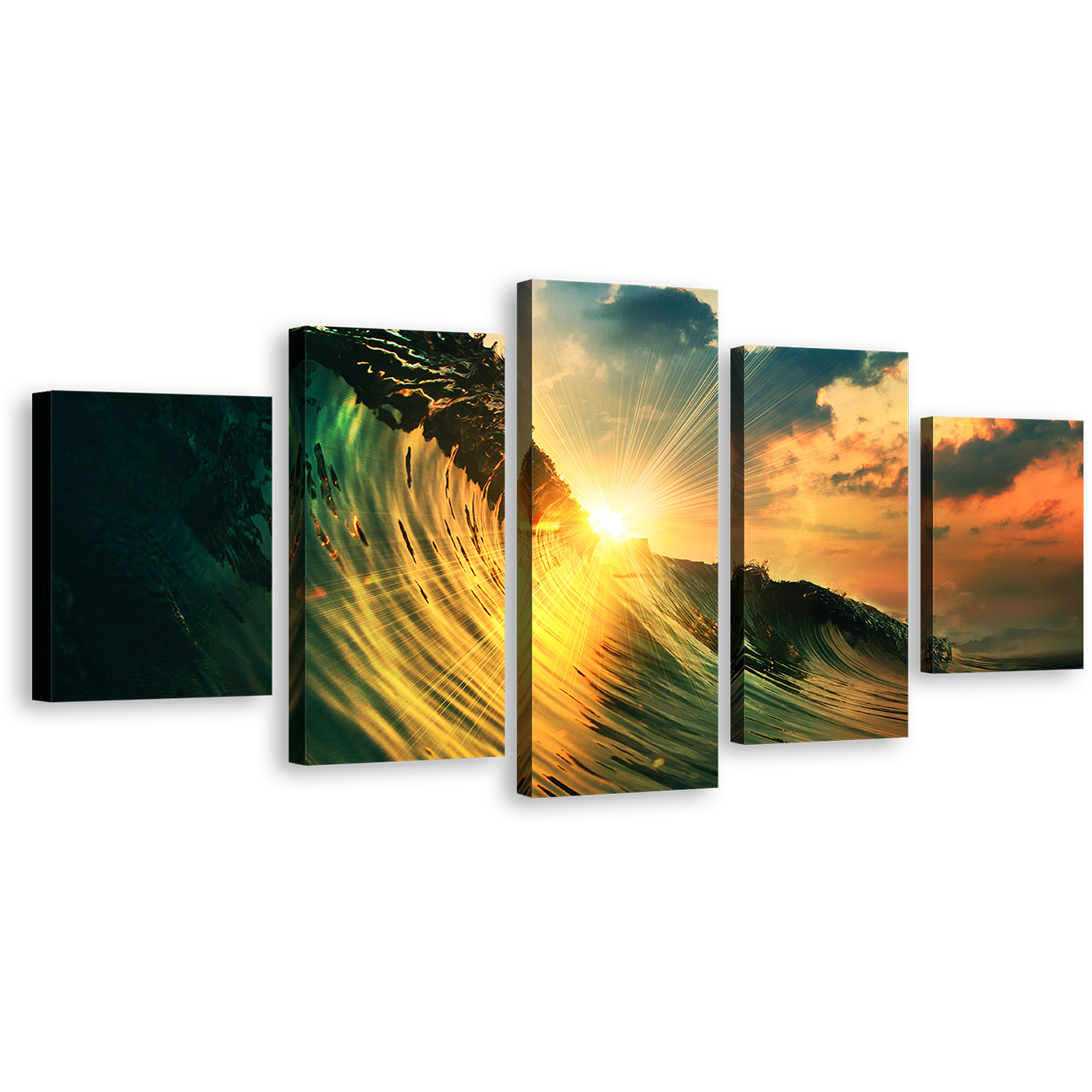 Cloudy Sky Canvas Wall Art, Yellow Ocean Sunset 5 Piece Multi Canvas, Green Ocean Waves Falling Canvas Print