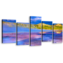 Load image into Gallery viewer, Cloudy Sky Canvas Wall Art, Yellowstone National Park Canvas Print, Blue Purple Grand Prismatic Spring 5 Piece Multi Panel Canvas
