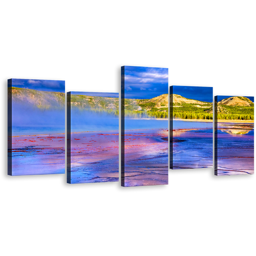 Cloudy Sky Canvas Wall Art, Yellowstone National Park Canvas Print, Blue Purple Grand Prismatic Spring 5 Piece Multi Panel Canvas