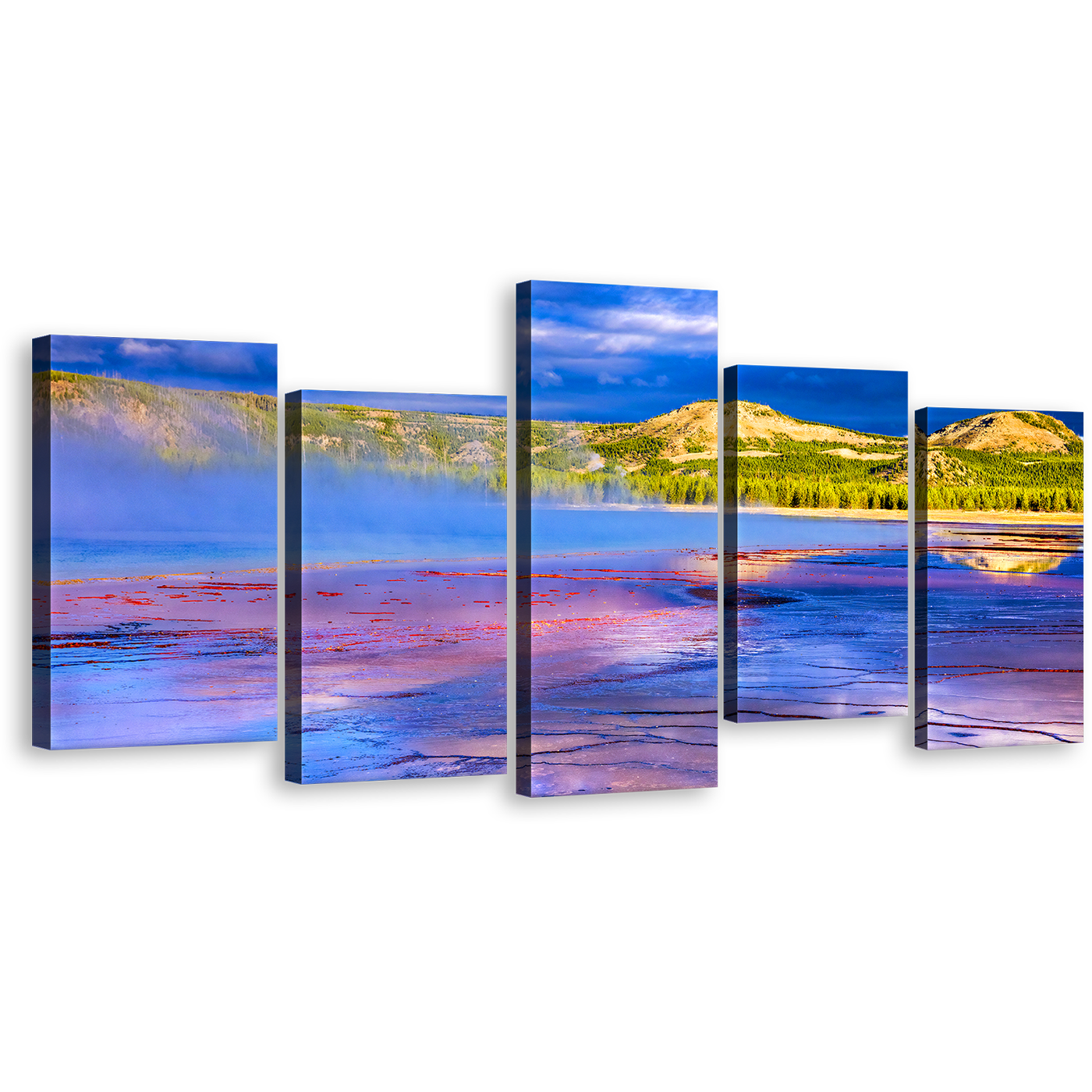 Cloudy Sky Canvas Wall Art, Yellowstone National Park Canvas Print, Blue Purple Grand Prismatic Spring 5 Piece Multi Panel Canvas