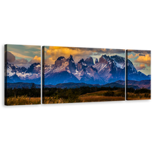 Load image into Gallery viewer, Cloudy Sky Wall Art, Blue Los Cuernos Mountains Canvas Print, Green Landscape Torres del Paine National Park 3 Piece Canvas Set
