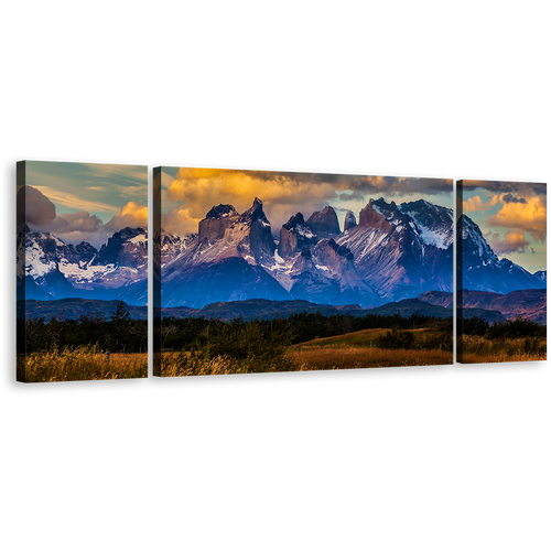 Cloudy Sky Wall Art, Blue Los Cuernos Mountains Canvas Print, Green Landscape Torres del Paine National Park 3 Piece Canvas Set