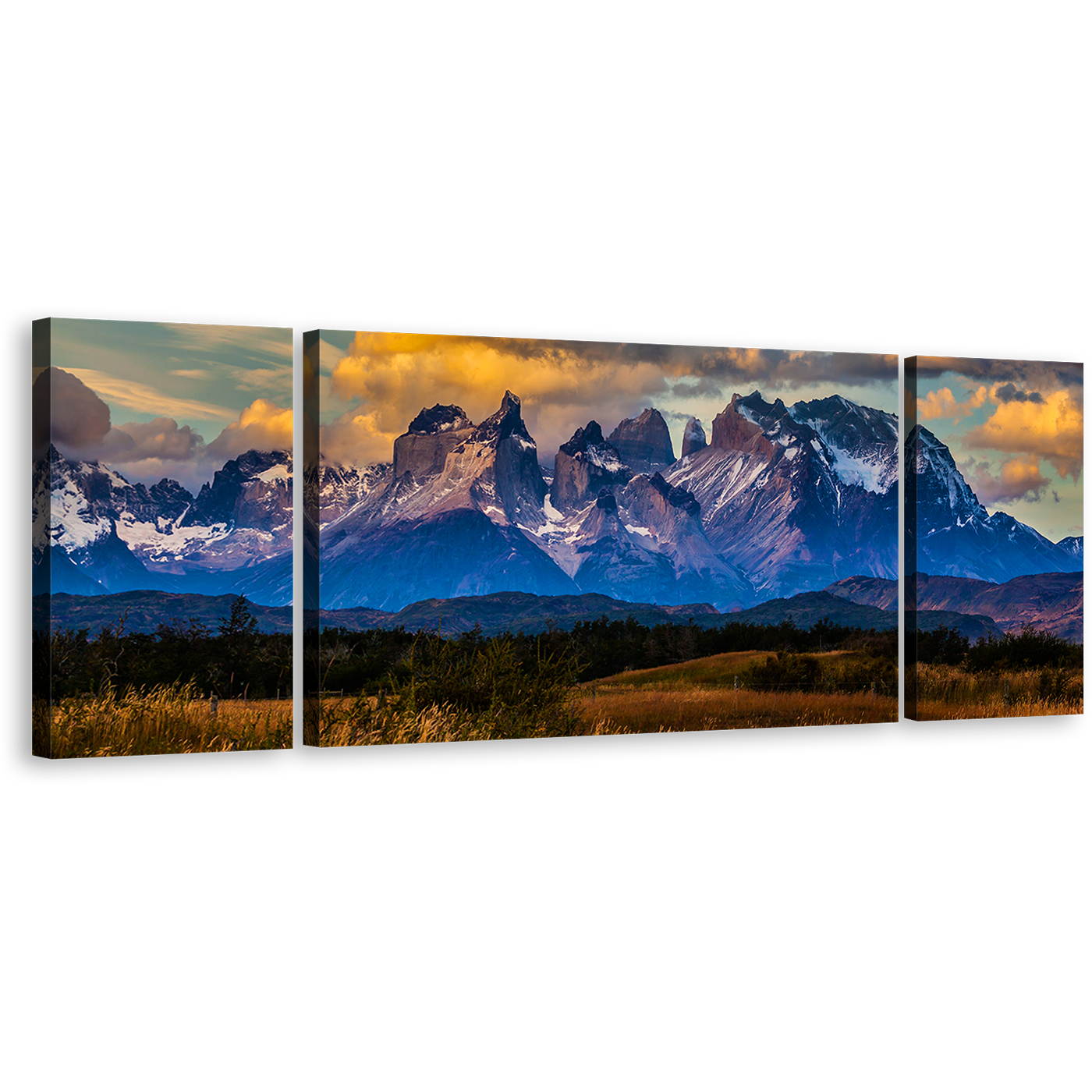 Cloudy Sky Wall Art, Blue Los Cuernos Mountains Canvas Print, Green Landscape Torres del Paine National Park 3 Piece Canvas Set