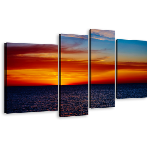 Cloudy Sky Wall Art, Coast Of The Blue Seaascape 4 Piece Multiple Canvas, Dramatic Red Orange Ocean Sky Canvas Print