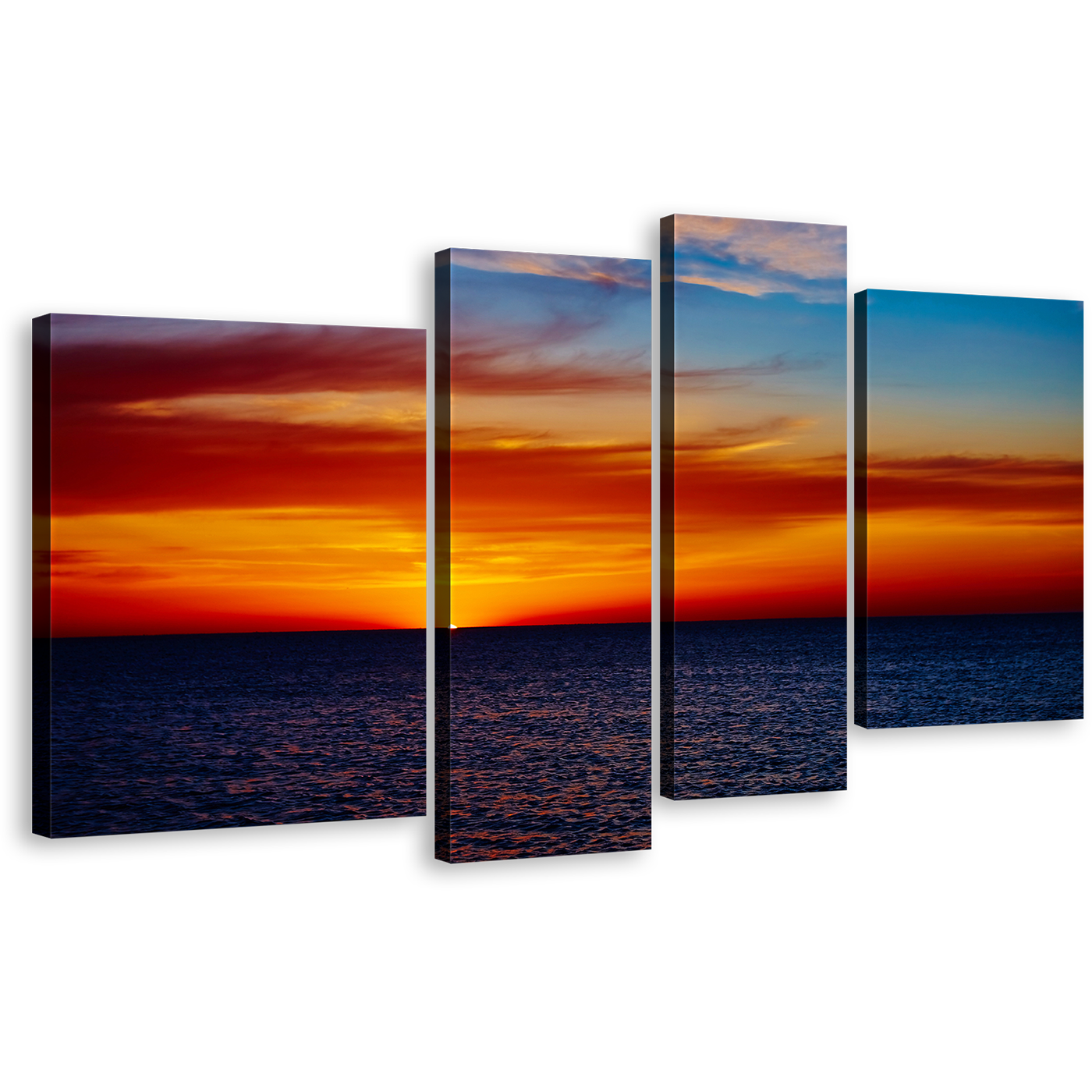 Cloudy Sky Wall Art, Coast Of The Blue Seaascape 4 Piece Multiple Canvas, Dramatic Red Orange Ocean Sky Canvas Print