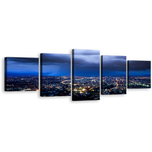 Load image into Gallery viewer, Cloudy Skyline Canvas Print, Yellow Cityscape Lights Canvas Set, Dramatic Blue Sky 5 Piece Wall Art
