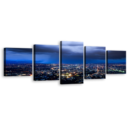 Cloudy Skyline Canvas Print, Yellow Cityscape Lights Canvas Set, Dramatic Blue Sky 5 Piece Wall Art