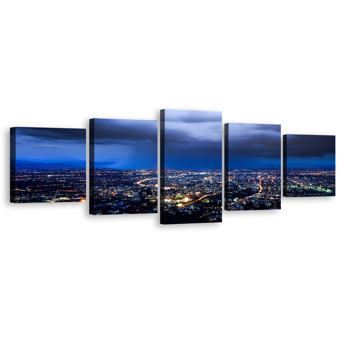 Cloudy Skyline Canvas Print, Yellow Cityscape Lights Canvas Set, Dramatic Blue Sky 5 Piece Wall Art