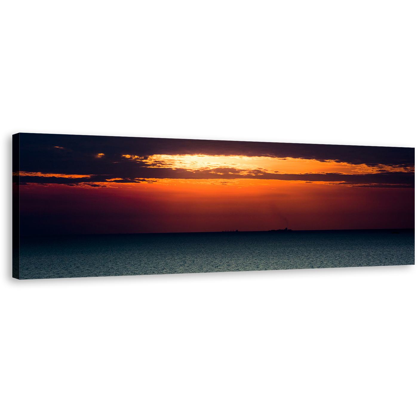 Cloudy Sunset Canvas Wall Art, Beautiful Orange Ocean Sky 1 Piece Canvas Artwork, Yellow Sun Behind Clouds Canvas Print, Blue Sea Wide Canvas