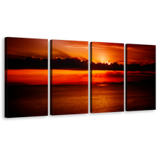 Load image into Gallery viewer, Cloudy Sunset Canvas Wall Art, Beautiful Red Ocean Sky 4 Piece Multi Canvas Artwork, Orange Sun Behind Clouds Canvas Print
