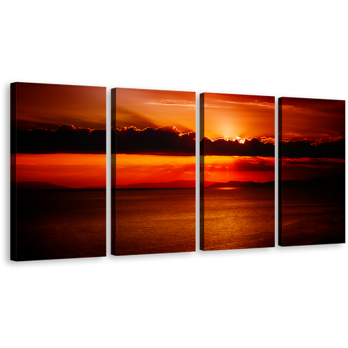 Cloudy Sunset Canvas Wall Art, Beautiful Red Ocean Sky 4 Piece Multi Canvas Artwork, Orange Sun Behind Clouds Canvas Print