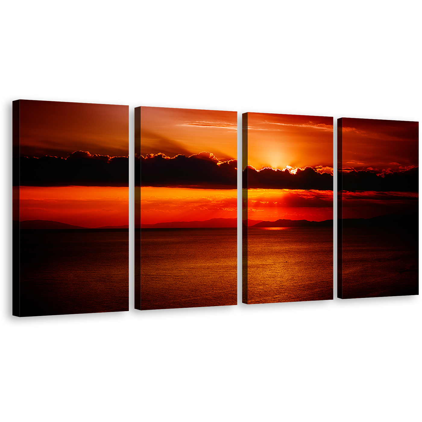 Cloudy Sunset Canvas Wall Art, Beautiful Red Ocean Sky 4 Piece Multi Canvas Artwork, Orange Sun Behind Clouds Canvas Print