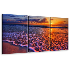 Load image into Gallery viewer, Cloudy Sunset Canvas Wall Art, Blue Orange Ocean Beach 3 Piece Canvas Set, Ocean Wave Canvas Print
